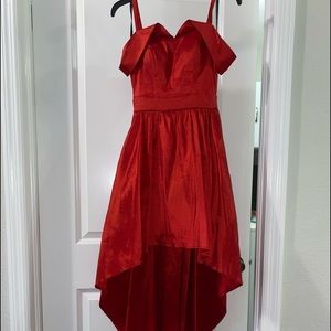 Dramatic Red high/low ball gown with off the shoulder straps